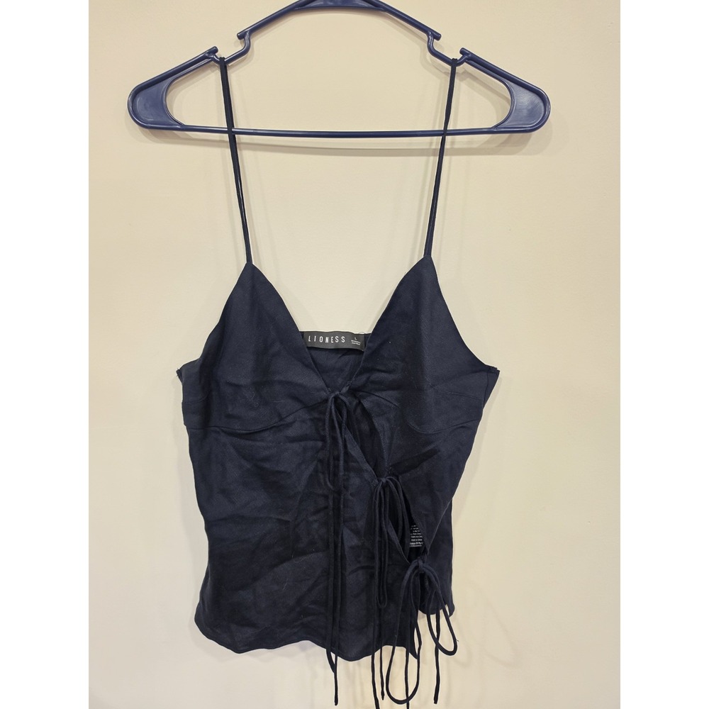 Lioness Black Linen Blend Tie Front Cami Top Size L Strappy Asymmetrical